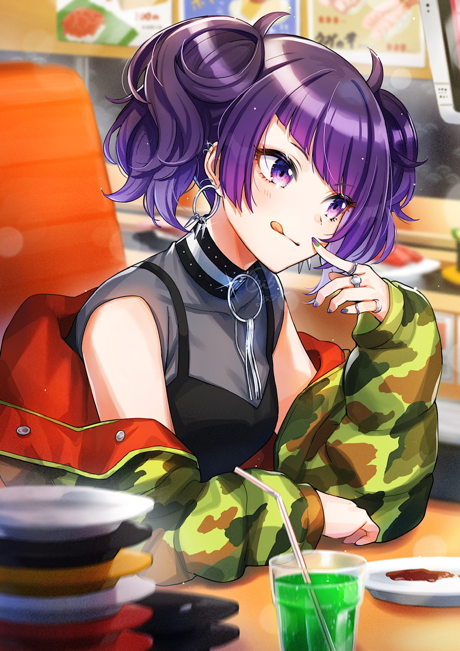 1girl bangs black_dress blurry blurry_background camouflage_coat dress drinking_straw grey_shirt highres idolmaster idolmaster_shiny_colors indoors jewelry lens_flare long_hair nail_polish pinafore_dress piroshiki123 plate plate_stack purple_hair purple_nails ring shiny shiny_hair shirt sleeveless sleeveless_dress sleeveless_shirt solo tanaka_mamimi tongue tongue_out twintails violet_eyes