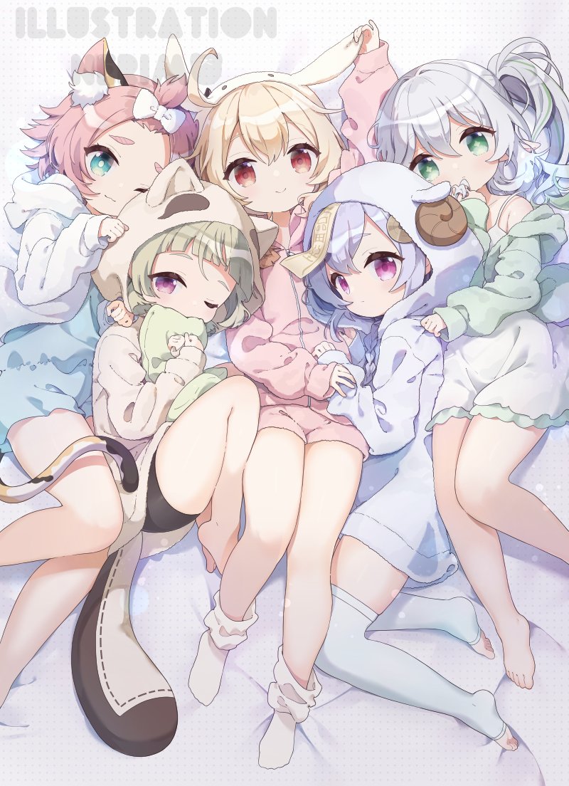 5girls ;) animal_ear_fluff animal_ears animal_hood arm_up bangs bare_shoulders barefoot bike_shorts black_shorts blonde_hair blue_shorts blue_thighhighs brown_jacket cat_ears cat_girl cat_tail closed_mouth collarbone commentary_request cross-shaped_pupils diona_(genshin_impact) dress fake_animal_ears fake_tail genshin_impact green_eyes green_hair green_jacket grey_hair hair_between_eyes hood hood_down hooded_jacket jacket klee_(genshin_impact) knees_up long_sleeves multicolored_hair multiple_girls nahida_(genshin_impact) neki_(wakiko) no_shoes object_hug one_eye_closed pillow pillow_hug pink_hair pink_jacket pink_shorts puffy_long_sleeves puffy_sleeves purple_hair purple_jacket qiqi_(genshin_impact) red_eyes sayu_(genshin_impact) short_eyebrows short_shorts shorts side_ponytail sleeveless sleeveless_dress sleeves_past_wrists smile socks streaked_hair symbol-shaped_pupils tail thick_eyebrows thigh-highs toeless_legwear violet_eyes white_dress white_jacket white_socks