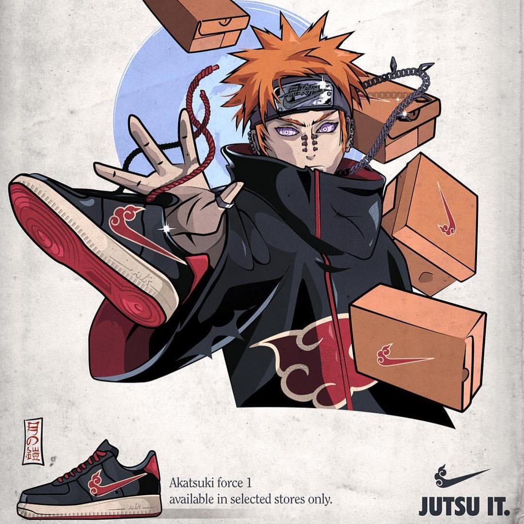 1boy akatsuki_uniform black_headband black_jacket box brand_name_imitation chain commentary english_text headband jacket jewelry logo_parody looking_to_the_side male_focus naruto_(series) naruto_shippuuden nike nike_air_force_1 nose_piercing open_hand orange_hair pain_(naruto) piercing reskdstroy ring rinnegan shoes sneakers solo symbol-only_commentary v-shaped_eyebrows violet_eyes