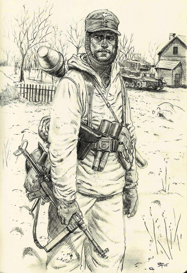 1boy ammunition_pouch arm_at_side armored_vehicle bag bare_tree belt belt_buckle buckle building carrying cowboy_shot day english_commentary english_text explosive fence german_army gloves grenade greyscale ground_vehicle gun hat holding holding_gun holding_weapon holster hood hooded_jacket house jacket jesusfood load_bearing_equipment looking_away looking_to_the_side m43_field_cap male_focus military military_hat military_uniform military_vehicle monochrome motor_vehicle mp40 original outdoors pants panzerfaust parted_lips pouch realistic shaded_face sketch sling_(weapon) snow soldier solo stick_grenade stielhandgranate submachine_gun traditional_media tree uniform vehicle_request weapon winter winter_uniform world_war_ii