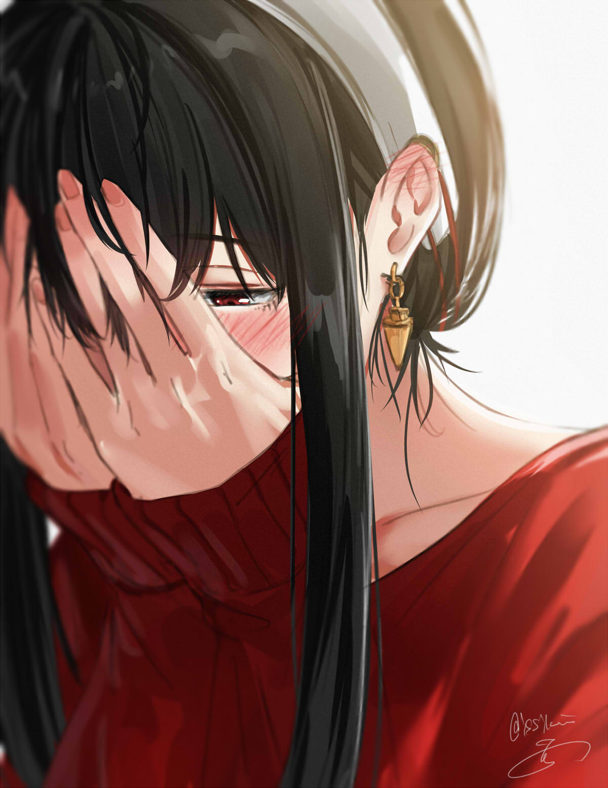 1girl bangs black_hair blush breasts collarbone covering_face earrings hairband highres isshiki_(ffmania7) jewelry large_breasts long_hair long_sleeves red_eyes red_sweater sidelocks simple_background sleeves_past_wrists solo spy_x_family sweater white_background yor_briar