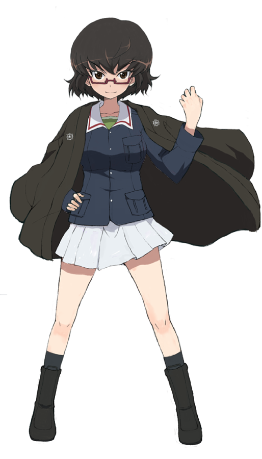 1girl bangs bespectacled black_footwear black_socks blue_jacket boots brown_eyes brown_hair caesar_(girls_und_panzer) clenched_hand closed_mouth commentary_request cosplay full_body girls_und_panzer glasses green_shirt hand_on_hip haori jacket japanese_clothes kayabakoro long_sleeves looking_at_viewer military military_uniform miniskirt ooarai_military_uniform oryou_(girls_und_panzer) oryou_(girls_und_panzer)_(cosplay) partial_commentary pleated_skirt red-framed_eyewear semi-rimless_eyewear shirt short_hair simple_background skirt smile socks solo standing under-rim_eyewear uniform white_background white_skirt zipper
