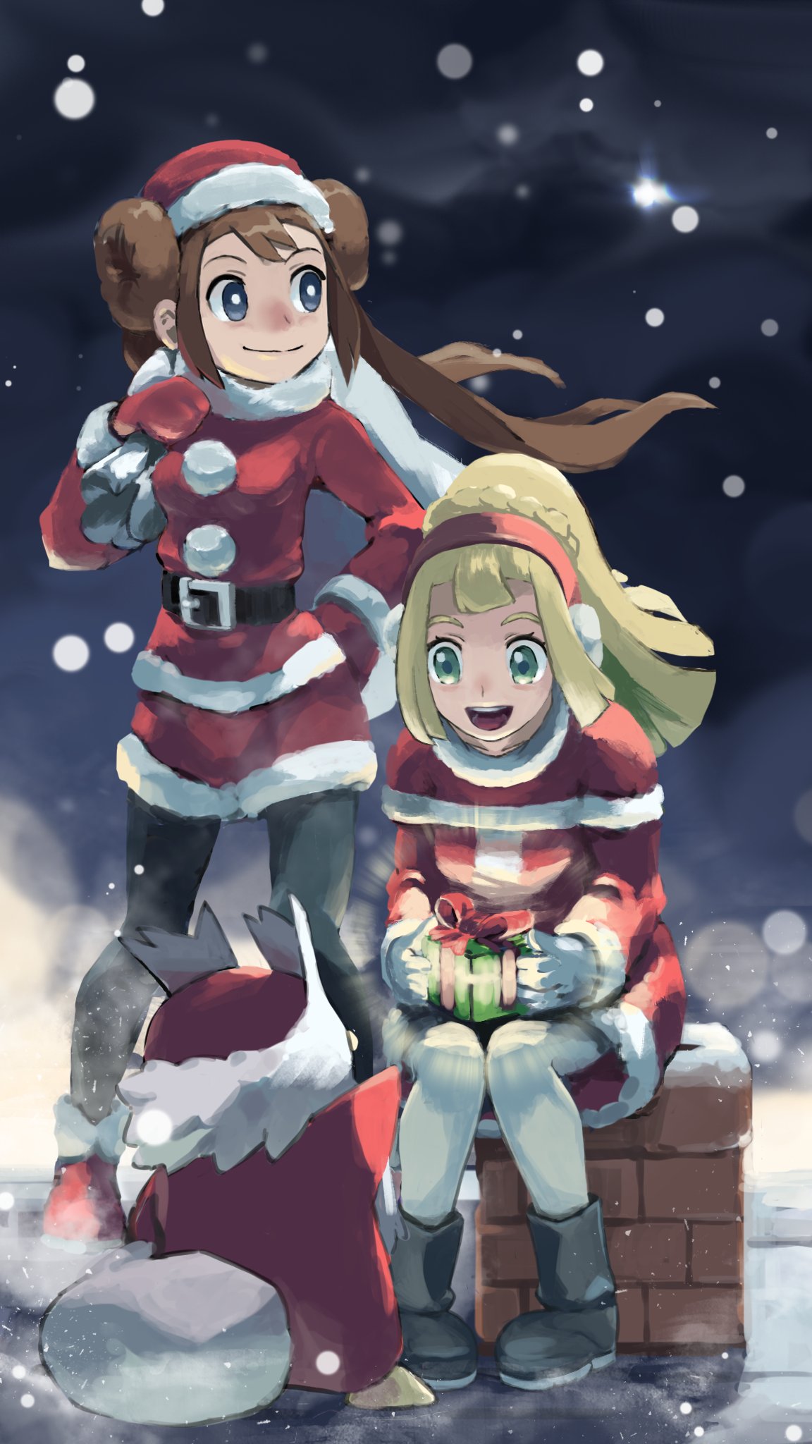 2girls belt black_pantyhose blonde_hair breasts brown_hair case-k chimney christmas closed_mouth commentary_request delibird double_bun dress earmuffs full_body fur_trim gloves hair_bun hat highres lillie_(pokemon) long_hair multiple_girls open_mouth pantyhose pokemon pokemon_(creature) pokemon_(game) pokemon_bw2 pokemon_sm rosa_(pokemon) santa_costume santa_hat skirt smile twintails