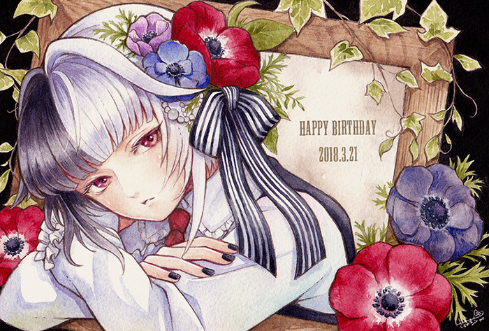 1girl 2018 anemone_(flower) bangs black_background black_hair black_nails black_ribbon blue_flower closed_mouth english_text fingernails flower frilled_shirt_collar frilled_sleeves frills hair_intakes hair_ribbon happy_birthday leaf light_frown long_hair long_sleeves looking_away multicolored_hair nail_polish necktie original painting_(medium) picture_frame plant purple_flower red_eyes red_flower red_necktie ribbon sakano_machi shirt solo striped striped_ribbon traditional_media tsurime two-tone_hair two-tone_ribbon upper_body vines watercolor_(medium) white_hair white_ribbon white_shirt