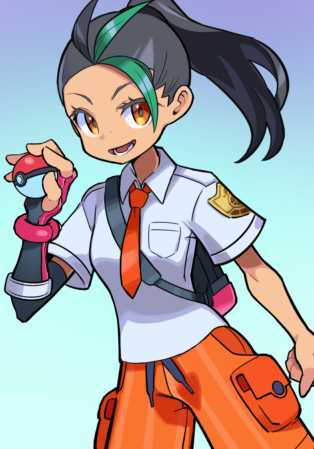 1girl backpack bag black_bag black_hair breast_pocket collared_shirt commentary_request eyelashes gloves green_hair hand_up highres holding holding_poke_ball hyou_(hyouga617) lower_teeth multicolored_hair necktie nemona_(pokemon) open_mouth orange_eyes orange_necktie orange_shorts pocket poke_ball poke_ball_(basic) pokemon pokemon_(game) pokemon_sv ponytail shirt short_sleeves shorts single_glove solo streaked_hair teeth two-tone_hair