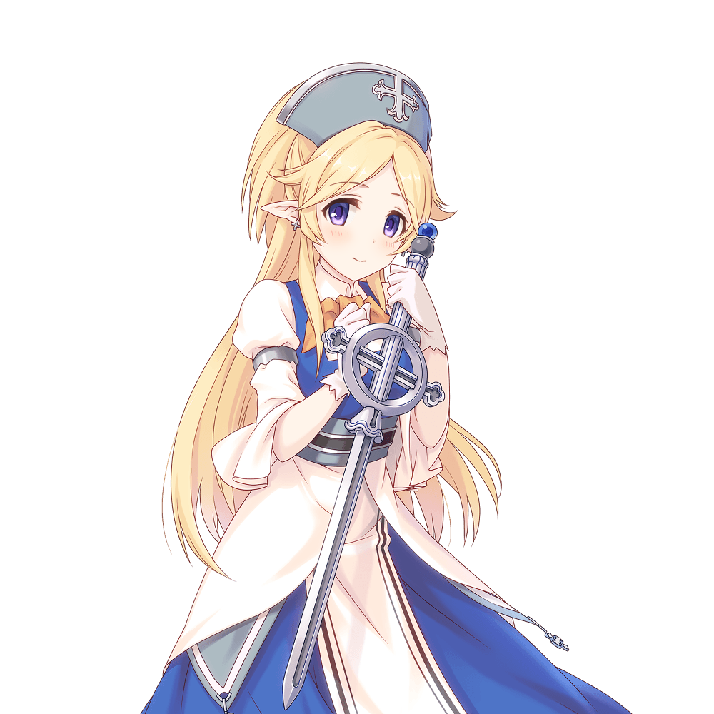 blonde_hair blue_headwear gloves holding holding_sword holding_weapon long_hair looking_ahead looking_at_viewer official_art princess_connect! sword tachi-e transparent_background weapon white_gloves yukari_(princess_connect!)