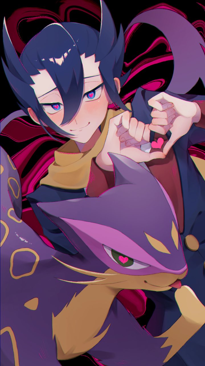 1boy bangs black_background blue_eyes blue_hair blue_jacket blush buttons cat closed_mouth commentary_request green_eyes grimsley_(pokemon) hair_between_eyes hands_up heart heart-shaped_pupils heart_hands highres jacket lapels licking liepard long_sleeves looking_at_viewer male_focus parted_bangs pointy_hair pokemon pokemon_(creature) pokemon_(game) pokemon_bw scarf short_hair sidelocks smile solo symbol-shaped_pupils tomato_0429 tongue tongue_out upper_body whiskers yellow_scarf