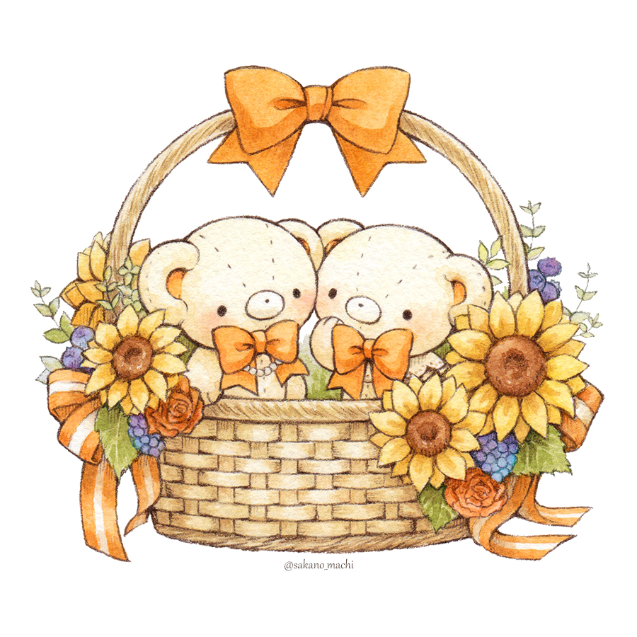 basket bow bowtie flower food fruit grapes leaf light_blush no_humans orange_bow orange_bowtie orange_flower orange_ribbon orange_rose original painting_(medium) ribbon rose sakano_machi simple_background striped striped_ribbon stuffed_animal stuffed_toy sunflower teddy_bear traditional_media two-tone_ribbon watercolor_(medium) white_background yellow_flower