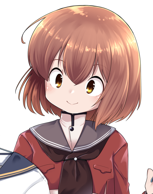 1girl black_neckerchief brown_eyes brown_hair commentary_request grey_sailor_collar holding holding_clothes jacket kantai_collection nassukun neckerchief red_jacket sailor_collar short_hair simple_background smile solo tan_yang_(kancolle) upper_body white_background yukikaze_(kancolle)