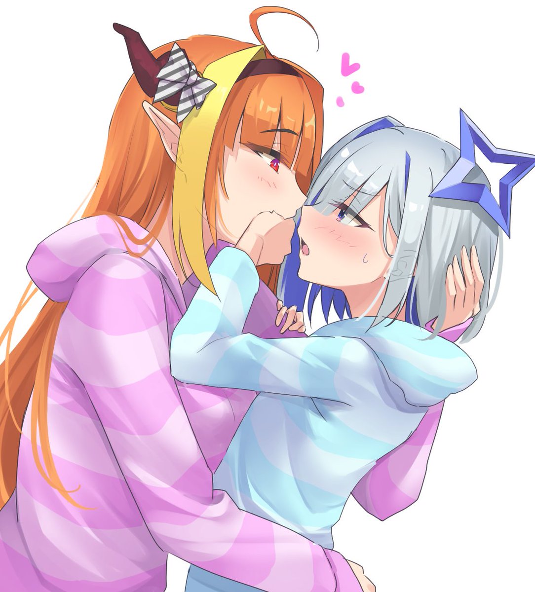 2girls ahoge amane_kanata blonde_hair blue_hair blush bow colored_inner_hair commentary_request covering_mouth diagonal-striped_bow dragon_girl dragon_horns fang from_behind grey_hair halo hand_over_another's_mouth heart highres hololive hood hoodie horn_bow horn_ornament horns kiryu_coco long_hair long_sleeves multicolored_hair multiple_girls orange_hair pajamas short_hair skin_fang star_halo streaked_hair striped sumi_tsuki sweat two-tone upper_body violet_eyes virtual_youtuber white_background yuri