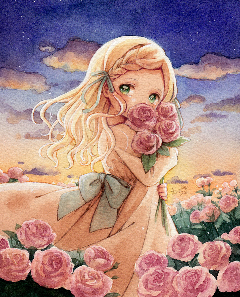 1girl aqua_bow aqua_ribbon blonde_hair blue_sky bow braid clouds covered_mouth dress dress_bow english_commentary evening field flower flower_field gradient_sky green_eyes hair_ribbon holding holding_flower leaf long_hair looking_to_the_side mixed-language_commentary object_hug orange_sky original outdoors painting_(medium) pink_flower pink_rose plant ribbon rose sakano_machi signature sky solo tearing_up tears traditional_media turning_head twilight watercolor_(medium) wavy_hair white_dress wind