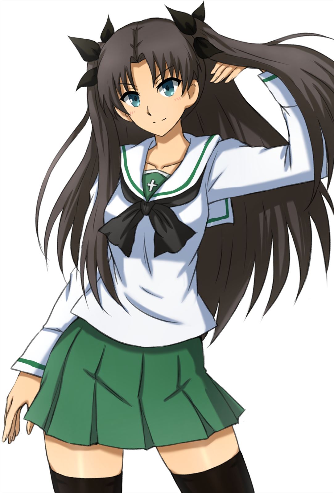 1girl black_hair black_neckerchief black_ribbon black_thighhighs blouse blue_eyes closed_mouth commentary cowboy_shot fate/grand_order fate_(series) girls_und_panzer green_skirt hair_ribbon hand_in_own_hair highres long_hair long_sleeves looking_at_viewer miniskirt neckerchief omachi_(slabco) ooarai_school_uniform pleated_skirt ribbon sailor_collar school_uniform serafuku shirt simple_background skirt smile solo standing thigh-highs tohsaka_rin two_side_up white_background white_sailor_collar white_shirt zettai_ryouiki