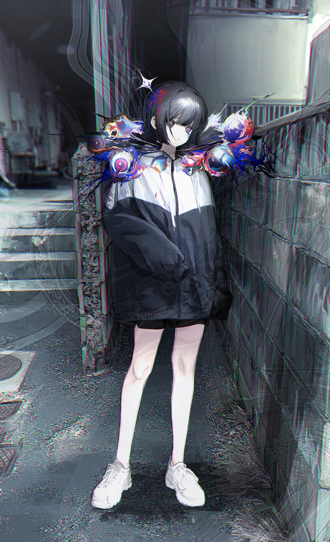 1other black_eyes black_hair black_shorts blood disembodied_eye explosion highres jacket long_sleeves looking_at_viewer mismatched_pupils original outdoors shoes shorts sneakers solo star_(sky) surreal track_jacket white_footwear xoxzxox
