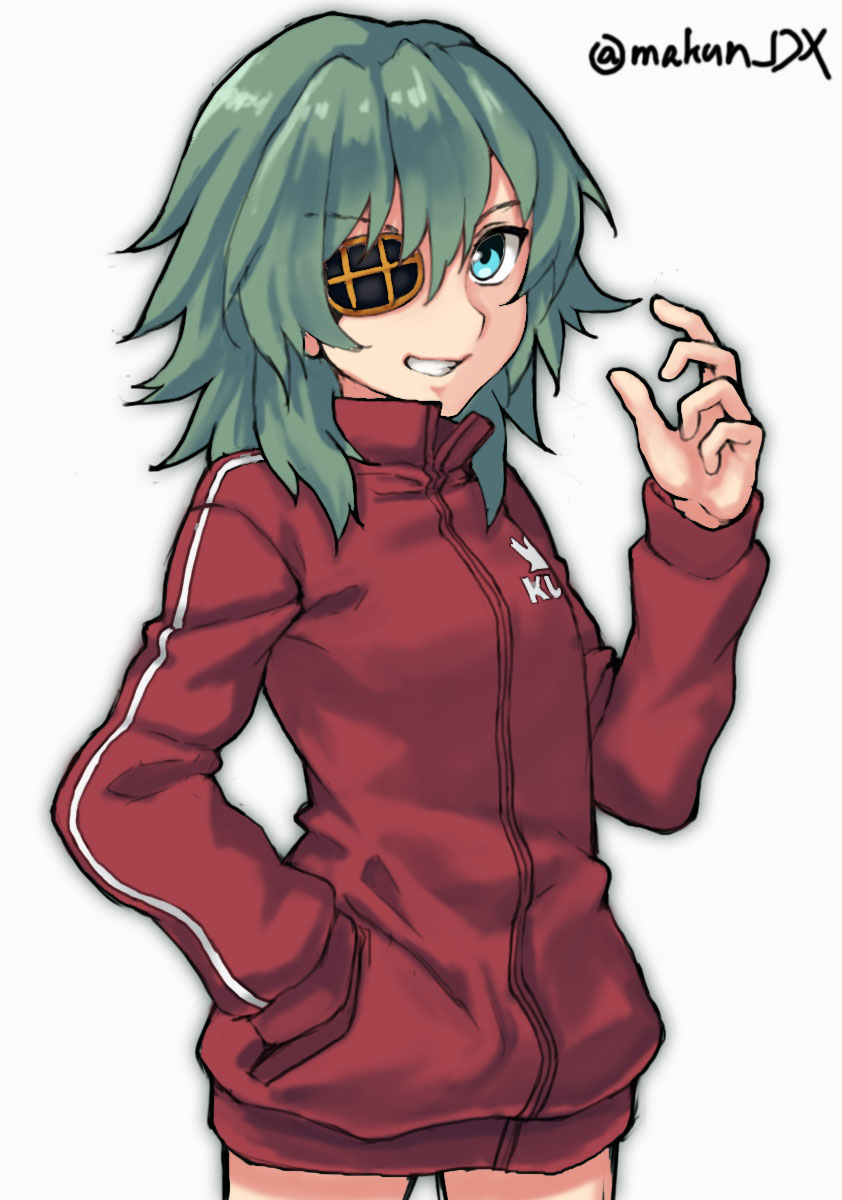 1girl clothes_writing eyepatch green_eyes green_hair hand_on_hip highres jacket kantai_collection kiso_(kancolle) kiso_kai_ni_(kancolle) maakun_(makun_dx) official_alternate_costume red_jacket short_hair simple_background solo track_jacket white_background