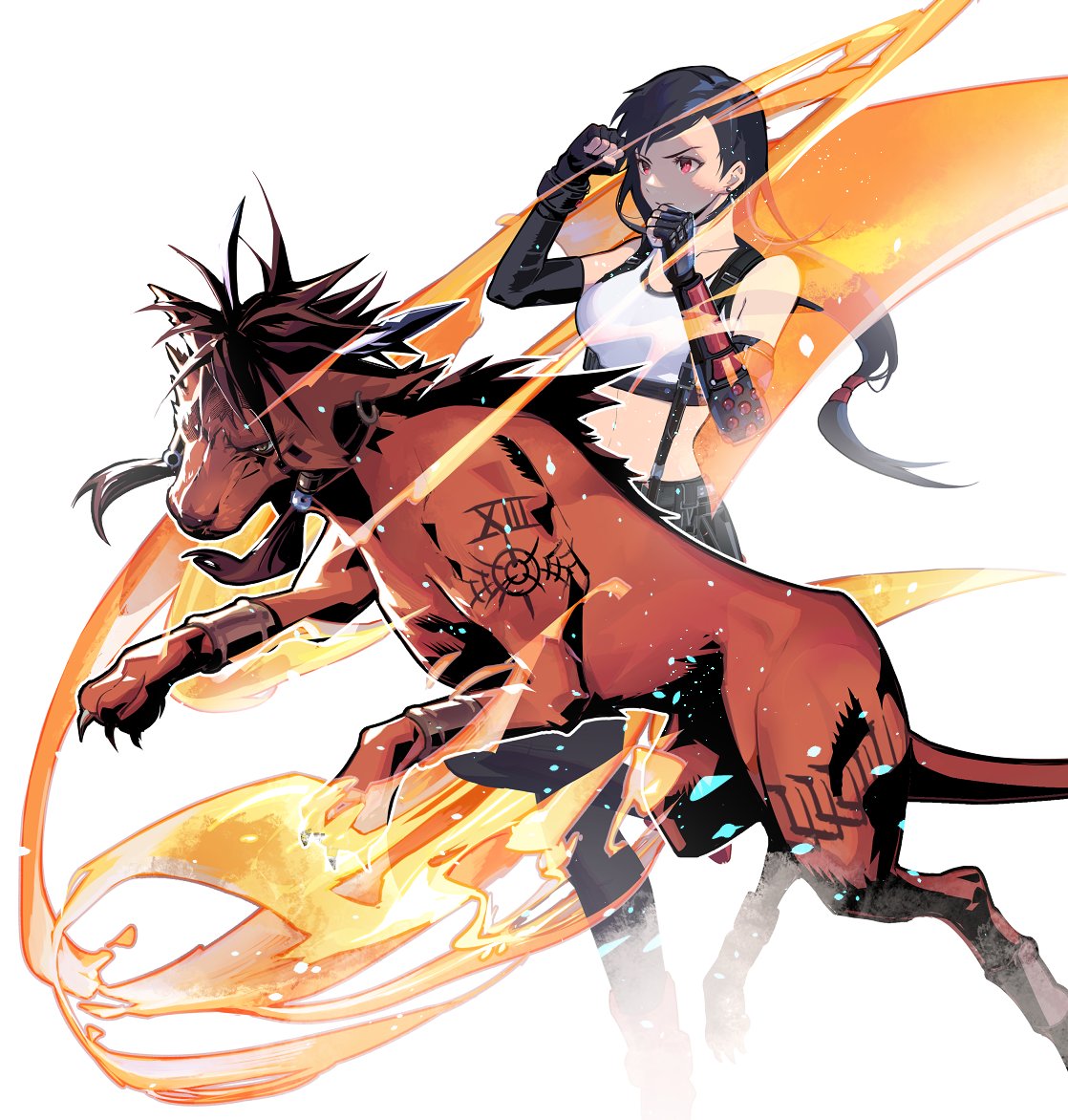 1boy 1girl animal bangs bare_shoulders black_bra black_gloves black_hair black_skirt bra breasts clenched_hand cofffee crop_top earrings elbow_gloves elbow_pads facial_tattoo feather_hair_ornament feathers fighting_stance final_fantasy final_fantasy_vii final_fantasy_vii_remake fingerless_gloves flame-tipped_tail gloves hair_ornament jewelry large_breasts long_hair low-tied_long_hair midriff orange_fur red_eyes red_xiii redhead shirt skirt sleeveless sleeveless_shirt sports_bra suspenders swept_bangs tattoo tifa_lockhart underwear white_background