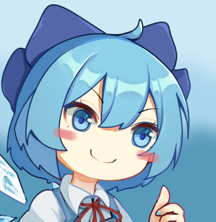 1586611428 1girl blue_background blue_bow blue_eyes blue_hair blush bow cirno closed_mouth collared_shirt detached_wings gradient gradient_background hair_between_eyes hair_bow ice ice_wings looking_at_viewer lowres neck_ribbon red_ribbon ribbon shirt short_hair simple_background smile solo thumbs_up touhou v-shaped_eyebrows white_shirt wings