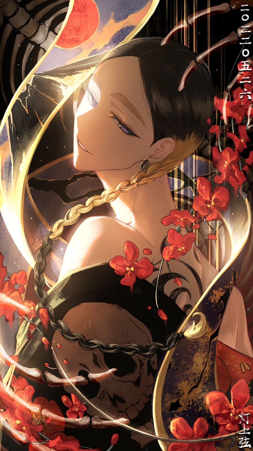 1boy back_tattoo bangs bare_shoulders black_background black_hair black_kimono blonde_hair bone braid branch commentary_request earrings floating_hair flower forehead haitani_ran highres japanese_clothes jewelry kimono long_hair looking_at_viewer looking_back lu_lamup male_focus multicolored_hair off_shoulder parted_bangs parted_lips plum_blossoms print_kimono red_flower skeletal_hand skull_print smile solo spine tattoo teeth tokyo_revengers twin_braids two-tone_hair upper_body violet_eyes