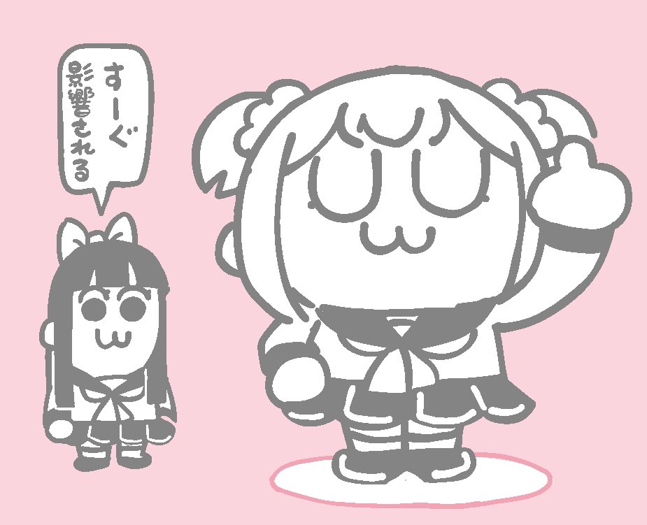 2girls :3 bkub black_hair bocchi_the_rock! bow closed_eyes greyscale hair_bow hair_ornament hair_scrunchie long_hair middle_finger monochrome multiple_girls parody pipimi pleated_skirt poptepipic popuko school_uniform scrunchie serafuku short_twintails skirt standing talking twintails two-tone_background two_side_up