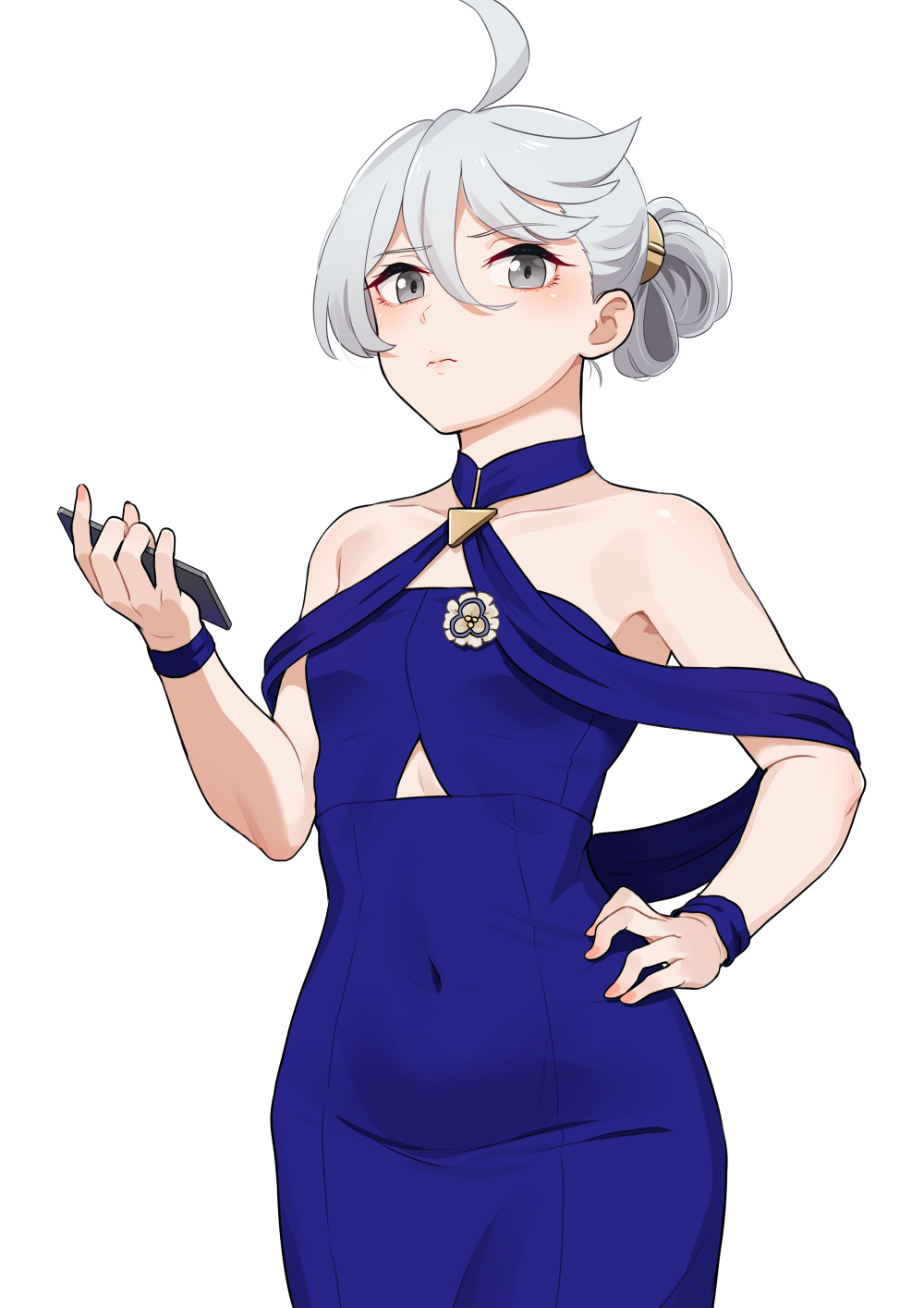 1girl ahoge alternate_hairstyle bangs blue_dress cellphone closed_mouth commentary covered_navel cowboy_shot dress frown grey_eyes grey_hair gundam gundam_suisei_no_majo hair_tie hair_up hand_on_hip highres holding holding_phone kamille_(vcx68) looking_at_viewer miorine_rembran pencil_dress phone short_hair simple_background smartphone solo standing strapless strapless_dress white_background wristband