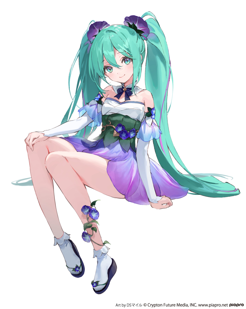 1girl aqua_eyes aqua_hair arm_support bangs bare_legs black_bow black_bowtie black_footwear bow bowtie copyright crypton_future_media detached_collar detached_sleeves dress_flower dsmile flower hair_flower hair_ornament hatsune_miku highres long_hair long_sleeves looking_at_viewer morning_glory multicolored_hair official_art piapro sitting socks solo streaked_hair tabi thighs twintails very_long_hair white_background white_socks zouri