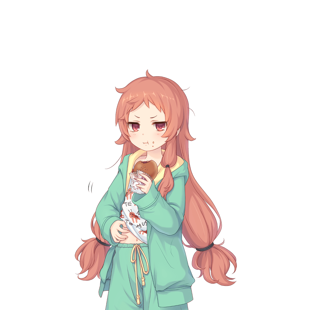 1girl eating food food_on_face green_pajamas green_pants holding holding_food long_hair looking_at_viewer official_art pajamas pants princess_connect! rin_(princess_connect!) scratching_stomach tachi-e transparent_background
