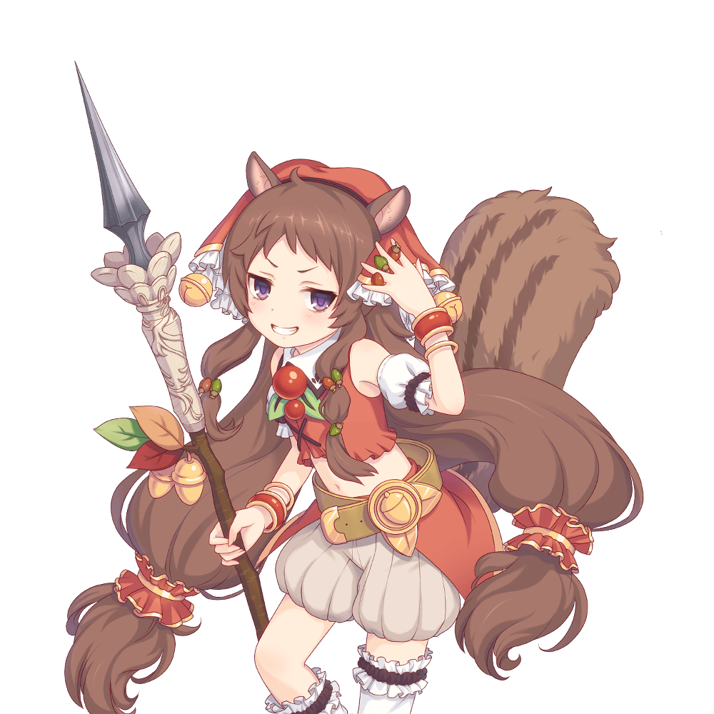 1girl acorn animal_ears brown_hair holding holding_polearm holding_weapon long_hair looking_at_viewer official_art polearm princess_connect! rin_(princess_connect!) spear squirrel_girl tachi-e transparent_background violet_eyes weapon