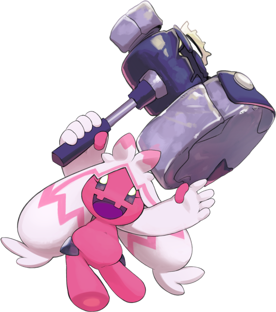 :d arm_up colored_skin commentary_request full_body hammer holding holding_hammer messier_number open_mouth outstretched_arm pink_skin pokemon pokemon_(creature) smile solo tinkaton tongue transparent_background