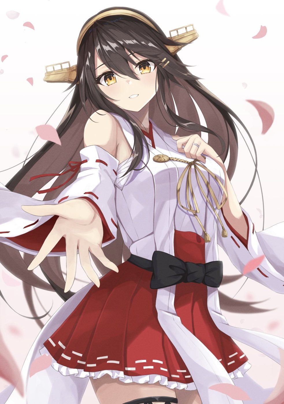 1girl black_hair boots brown_eyes commentary_request detached_sleeves foreshortening gensoukitan hair_ornament hairband hairclip hakama hakama_short_skirt hakama_skirt haruna_(kancolle) headgear highres japanese_clothes kantai_collection long_hair looking_at_viewer parted_lips reaching_towards_viewer red_hakama red_skirt ribbon-trimmed_sleeves ribbon_trim simple_background skirt solo thigh_boots white_background