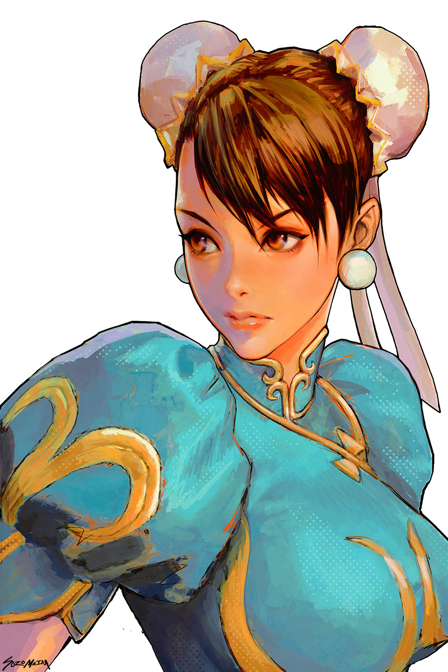 1girl brown_eyes brown_hair bun_cover chinese_clothes chun-li closed_mouth double_bun hair_between_eyes hair_bun highres puffy_short_sleeves puffy_sleeves short_sleeves signature simple_background sozomaika street_fighter street_fighter_v white_background