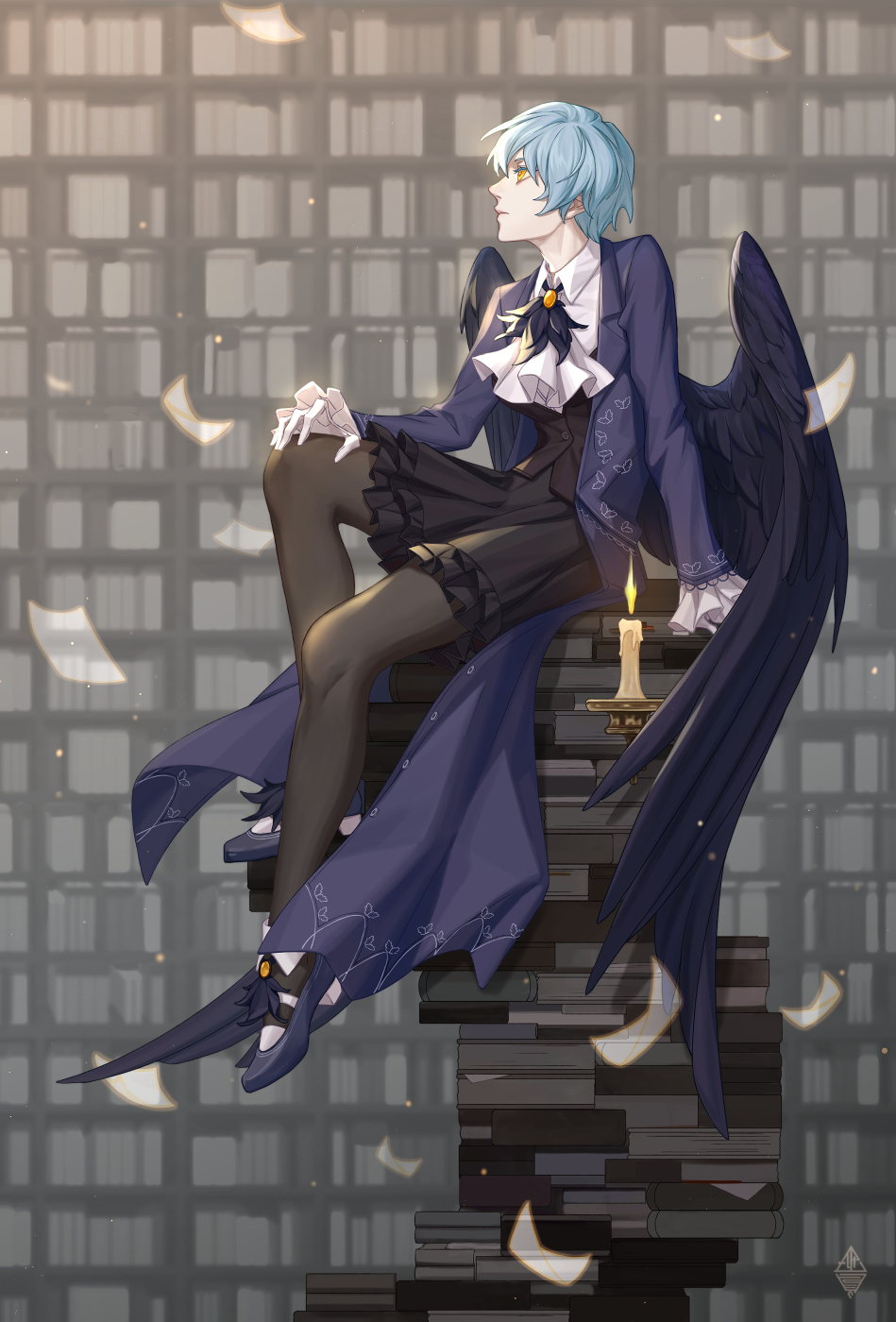 1girl angela_(project_moon) ascot black_pantyhose black_skirt black_vest black_wings blue_hair book book_stack bookshelf brooch candle coat collared_shirt commentary english_commentary feathered_wings frilled_skirt frilled_sleeves frills from_side full_body gloves hair_between_eyes highres jewelry knee_up library_of_ruina light_blue_hair looking_up open_clothes open_coat pantyhose paper profile project_moon purple_coat purple_footwear shirt shoes short_hair sitting sitting_on_books skirt solo thedaw0 vest white_ascot white_gloves white_shirt wings yellow_eyes