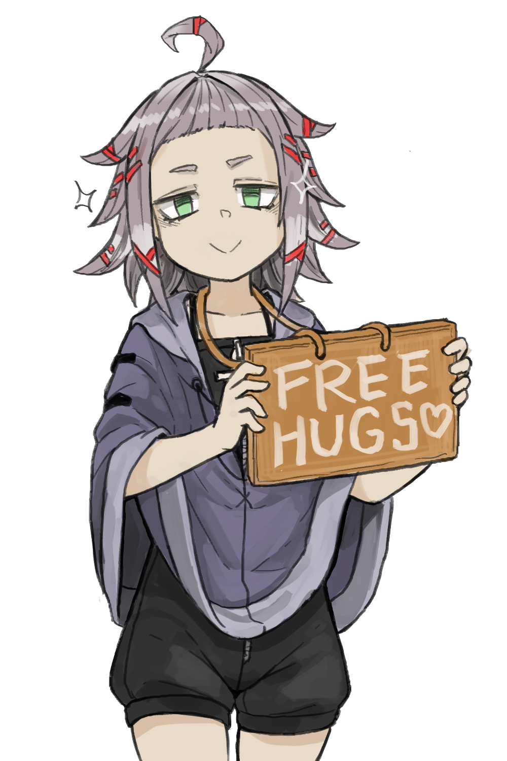 1girl :&gt; ahoge bags_under_eyes black_shorts cowboy_shot free_hugs green_eyes grey_hair heart highres linne_(ruielinne) original short_bangs shorts sign sign_around_neck smile solo sparkle