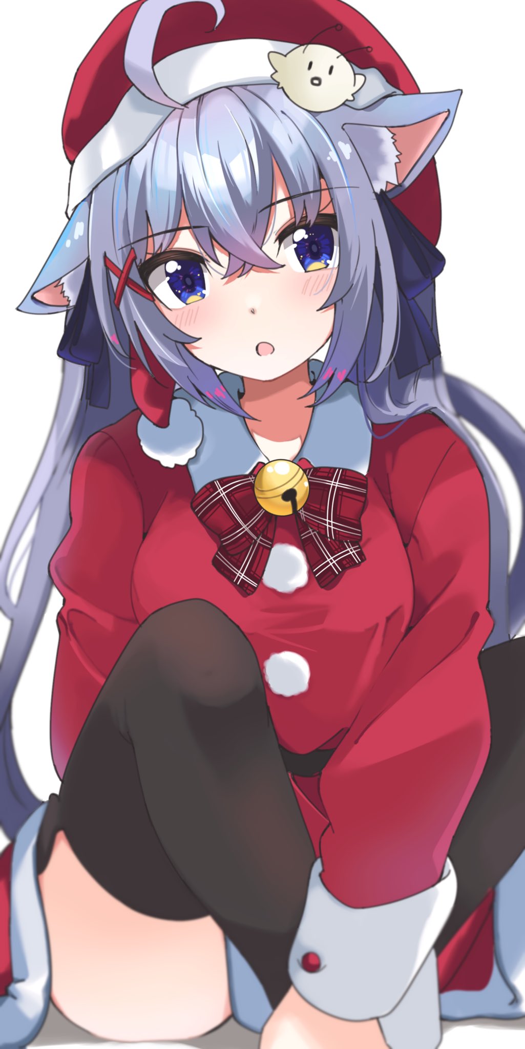 1girl ahoge animal_ears bangs bell black_ribbon black_thighhighs bow bowtie cat_ears cat_girl cat_tail christmas collared_dress commentary_request dress grey_hair hair_ribbon hat highres indie_virtual_youtuber jingle_bell kohanai_shii long_hair long_sleeves looking_at_viewer neck_bell open_mouth plaid plaid_bow plaid_bowtie red_bow red_bowtie red_headwear ribbon santa_dress santa_hat short_dress simple_background sitting solo tail thigh-highs very_long_hair violet_eyes white_background zono_(inokura_syuzo029)