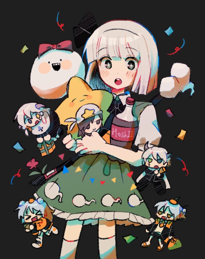 +_+ :o bangs black_background black_bow black_bowtie blunt_bangs blunt_ends blush_stickers bob_cut bottle bow bow_hairband bowtie character_request commentary cowboy_shot english_commentary green_eyes grey_hair hair_ribbon hairband heterochromia hitodama hitodama_print holding holding_bottle konpaku_youmu looking_at_viewer open_mouth over-kneehighs puffy_short_sleeves puffy_sleeves rbfnrbf_(mandarin) red_bow ribbon scabbard sheath shirt short_hair short_sleeves simple_background star_(symbol) star_print sword sword_behind_back teeth thigh-highs touhou upper_teeth weapon