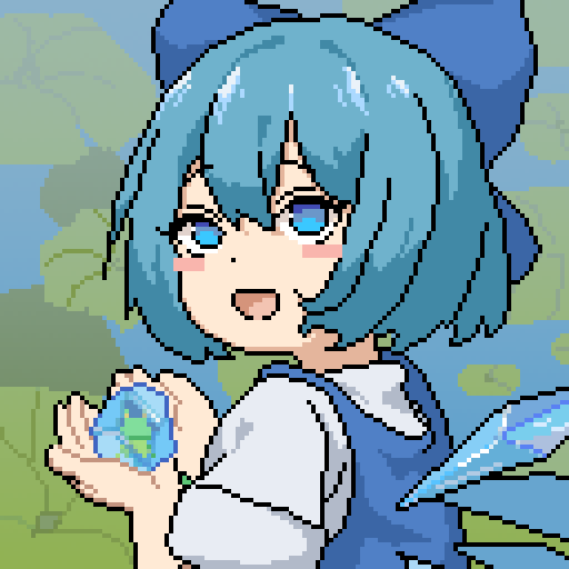 1586611428 1girl blue_bow blue_dress blue_eyes blue_hair blush_stickers bow cirno detached_wings dress from_behind frozen_frog hair_between_eyes hair_bow happy ice ice_wings looking_at_viewer looking_back open_mouth pinafore_dress pixel_art shirt short_hair short_sleeves solo touhou upper_body white_shirt wings