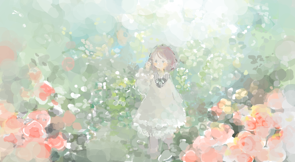 1girl arm_at_side arm_up bad_drawr_id bad_id bangs blurry bokeh bush closed_mouth collared_dress depth_of_field dress feet_out_of_frame flower grey_dress hair_tucking hand_in_own_hair light_brown_hair long_sleeves nature nonica oekaki original outdoors pink_flower pink_rose puffy_long_sleeves puffy_sleeves rose rose_bush scenery short_hair solo sunlight swept_bangs walking