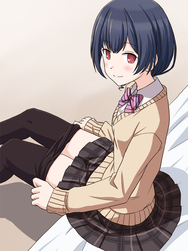 1girl bangs bed_sheet black_hair black_pantyhose blush bow bowtie breasts brown_cardigan brown_skirt cardigan check_commentary checkered_clothes checkered_skirt commentary_request idolmaster idolmaster_shiny_colors legs lielos long_sleeves looking_at_viewer morino_rinze on_bed pantyhose pink_bow pink_bowtie red_eyes removing_legwear shirt short_hair simple_background sitting skirt small_breasts smile solo striped striped_bow striped_bowtie thighs white_shirt