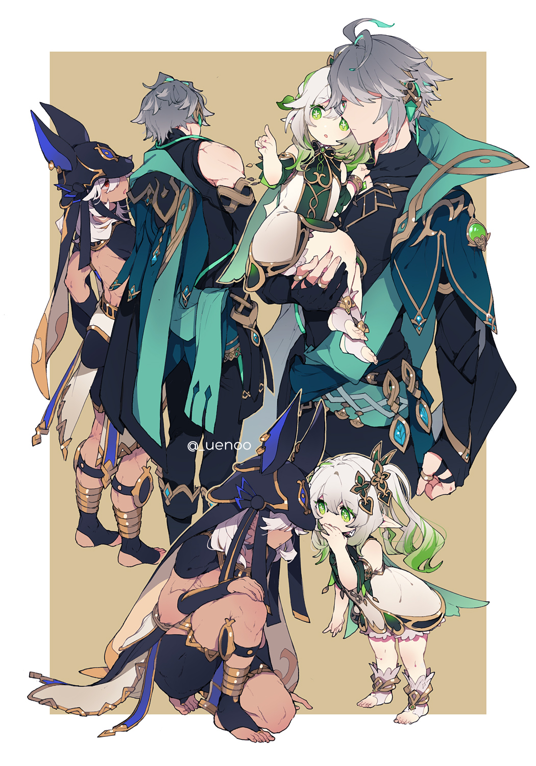 1girl 2boys alhaitham_(genshin_impact) animal_ears animal_hood aqua_cape bangs black_pants black_shirt black_shorts bracelet cape carrying cyno_(genshin_impact) detached_sleeves dress elbow_gloves female_child genshin_impact gloves gold_trim gradient_hair green_cape green_eyes green_hair green_sleeves grey_hair hair_ornament headphones headpiece highres hood jackal_ears jewelry kilt leaf_hair_ornament long_hair multicolored_hair multiple_boys nahida_(genshin_impact) pants pointy_ears red_eyes shirt shorts side_ponytail sleeveless sleeveless_dress sleeveless_shirt stirrup_footwear tan uenoo vision_(genshin_impact) whispering whispering_in_ear white_dress white_footwear white_hair