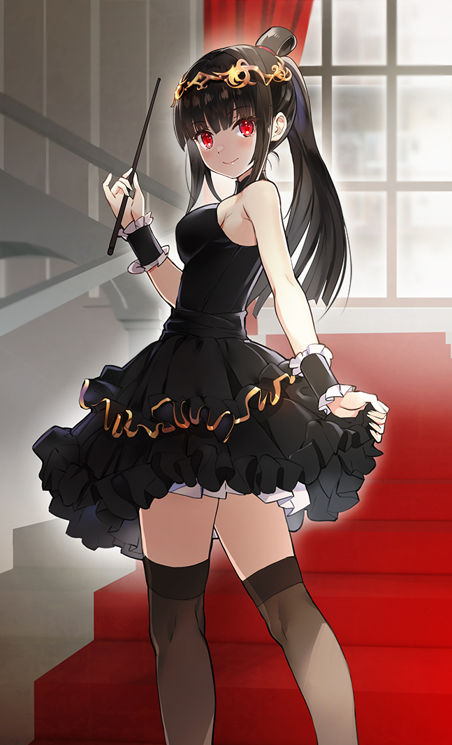 1girl bangs bare_shoulders black_dress black_hair black_thighhighs breasts character_request closed_mouth commentary copyright_request detached_sleeves dress feet_out_of_frame frilled_sleeves frills gold_trim halter_dress halterneck hand_up holding holding_wand indoors long_hair looking_at_viewer medium_breasts nyoro_(nyoronyoro000) ponytail red_carpet red_curtains red_eyes sidelocks smile solo stairs thigh-highs tiara wand window