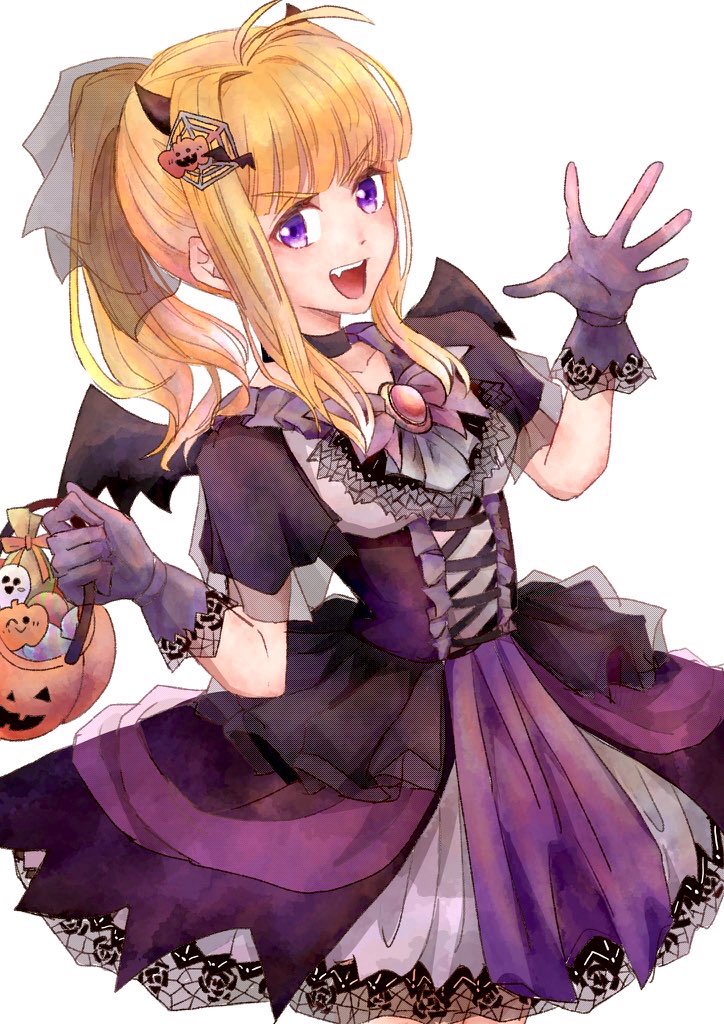 1girl alternate_costume bangs bat_wings blonde_hair blunt_bangs candy clarine_(fire_emblem) dress fake_wings fang fire_emblem fire_emblem:_the_binding_blade food gloves hair_ornament halloween halloween_costume jack-o'-lantern long_hair looking_at_viewer open_mouth ponytail purple_dress purple_gloves solo sturm_fe_k11 violet_eyes white_background wings