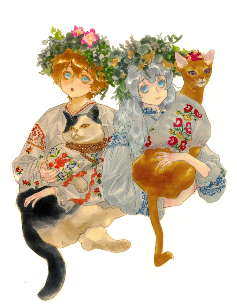 2girls 5hgohi :o animal bead_necklace beads blue_eyes borrowed_character brown_hair cat clothed_animal cropped_torso flower_wreath grey_hair head_wreath holding holding_animal jewelry long_hair long_sleeves looking_at_viewer multiple_girls necklace original puffy_long_sleeves puffy_sleeves short_hair simple_background smile traditional_clothes upper_body violet_eyes white_background yellow_eyes