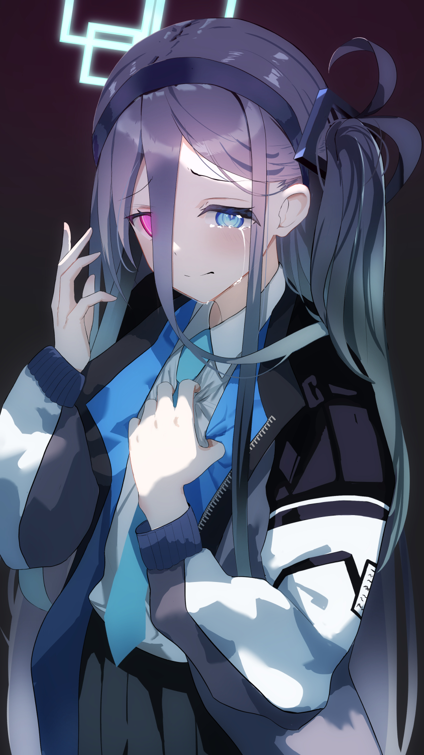 &lt;key&gt;_(blue_archive) 1girl aris_(blue_archive) bangs black_hair black_hairband black_skirt blue_archive blue_eyes blue_necktie closed_mouth collared_shirt commentary_request cowboy_shot crying hairband halo hand_on_own_chest hands_up heterochromia highres jacket kaleid98731 long_bangs long_hair long_sleeves looking_at_viewer necktie one_side_up open_clothes open_jacket pink_eyes pleated_skirt shirt shirt_tucked_in simple_background skirt solo standing tears white_shirt