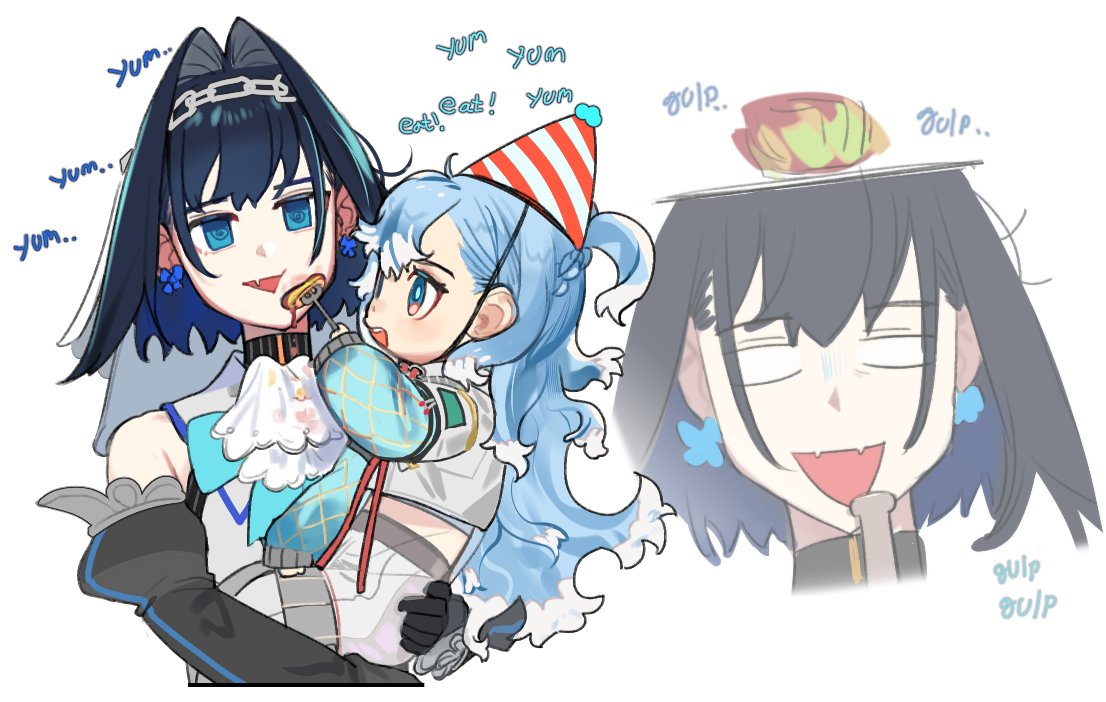 bangs blue_eyes blue_hair bow bow_earrings carrying carrying_person detached_sleeves earrings english_text eus_ing feeding fork hair_intakes hair_ornament hat headband hololive hololive_english hololive_indonesia jacket jewelry kobo_kanaeru long_hair long_sleeves multicolored_hair multiple_girls ouro_kronii party_hat short_hair virtual_youtuber white_background white_hair