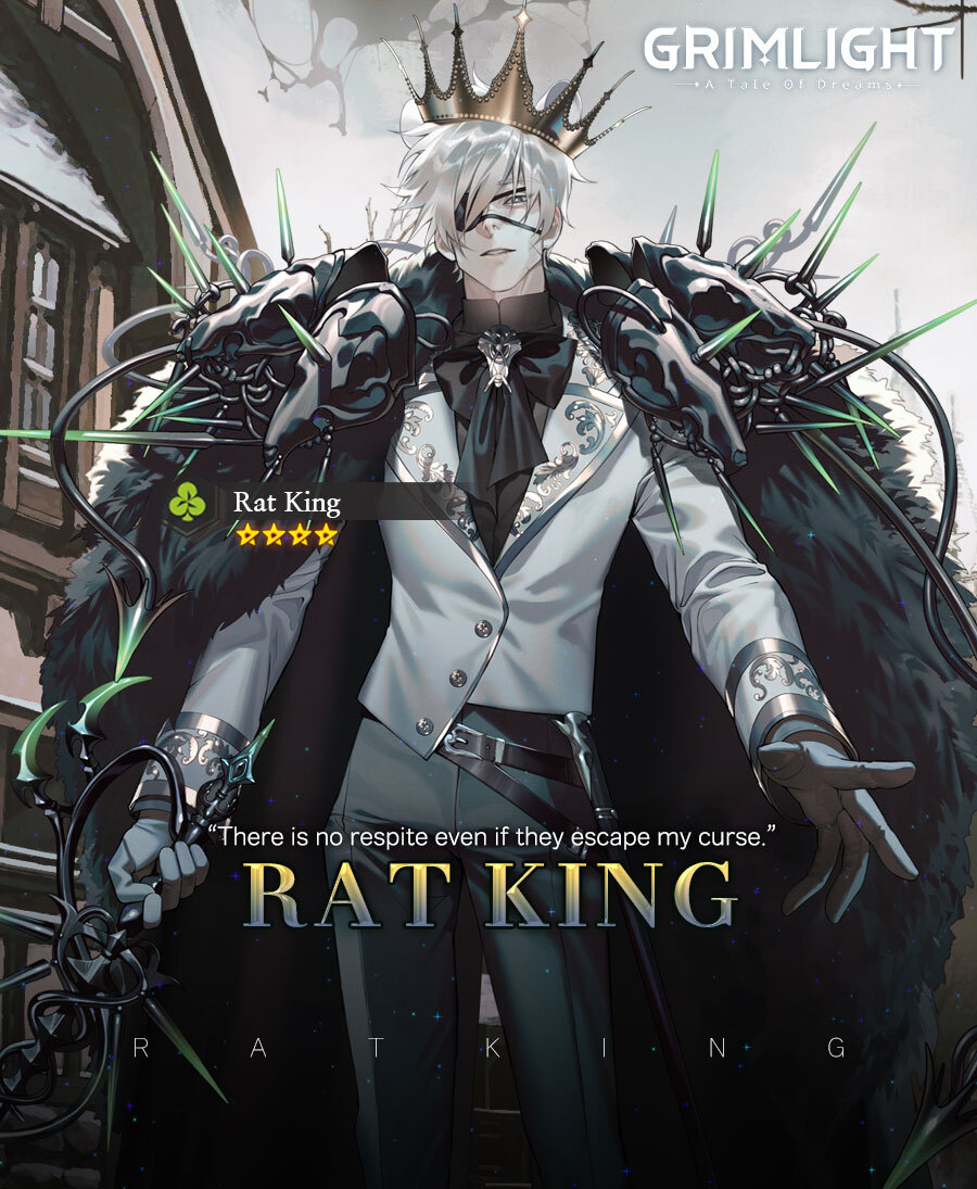 1boy bangs bow bowtie cape crown eyepatch formal fur_cape grimlight long_sleeves male_focus official_art parted_lips rat_king_(grimlight) solo suit white_hair