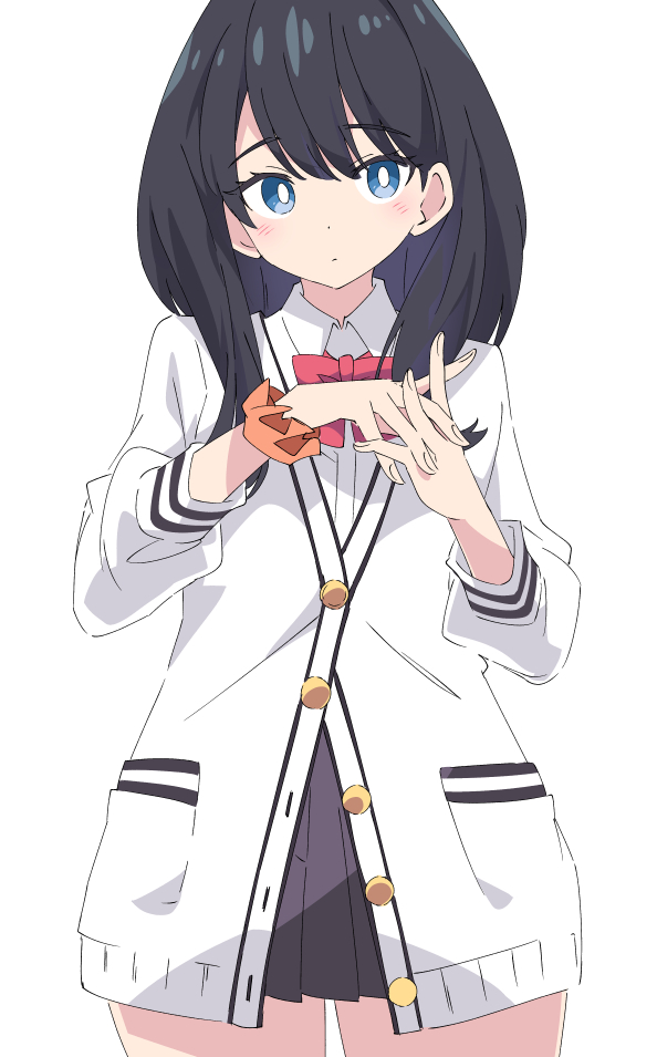 1girl black_hair black_skirt blue_eyes bow bowtie bright_pupils cardigan gridman_universe ixy long_sleeves looking_at_viewer medium_hair orange_scrunchie red_bow red_bowtie school_uniform scrunchie simple_background skirt ssss.gridman takarada_rikka thighs white_background white_cardigan white_pupils wrist_scrunchie