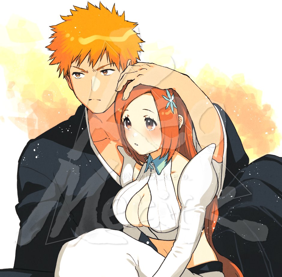 1boy 1girl bleach bleach:_the_thousand-year_blood_war brown_eyes couple feet_out_of_frame hand_on_another's_head hetero inoue_orihime japanese_clothes juliet_sleeves kurosaki_ichigo long_sleeves merick midriff orange_hair puffy_sleeves short_hair sitting spiky_hair watermark wide_sleeves