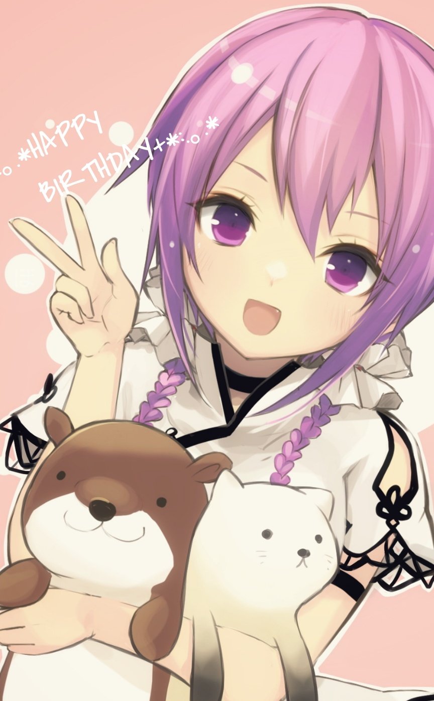 1girl :d arm_strap assault_lily bangs black_choker braid choker clothing_cutout commentary dutch_angle fang flower_knot hair_between_eyes hair_ornament hair_scrunchie hands_up happy_birthday highres holding holding_stuffed_toy hotaru_(ultraroly_poly) light_blush looking_at_viewer low_twintails open_mouth pink_background purple_hair scrunchie shirt short_sleeves shoulder_cutout smile solo stuffed_animal stuffed_otter stuffed_toy twin_braids twintails two-tone_background upper_body violet_eyes w wang_lifen white_background white_scrunchie white_shirt