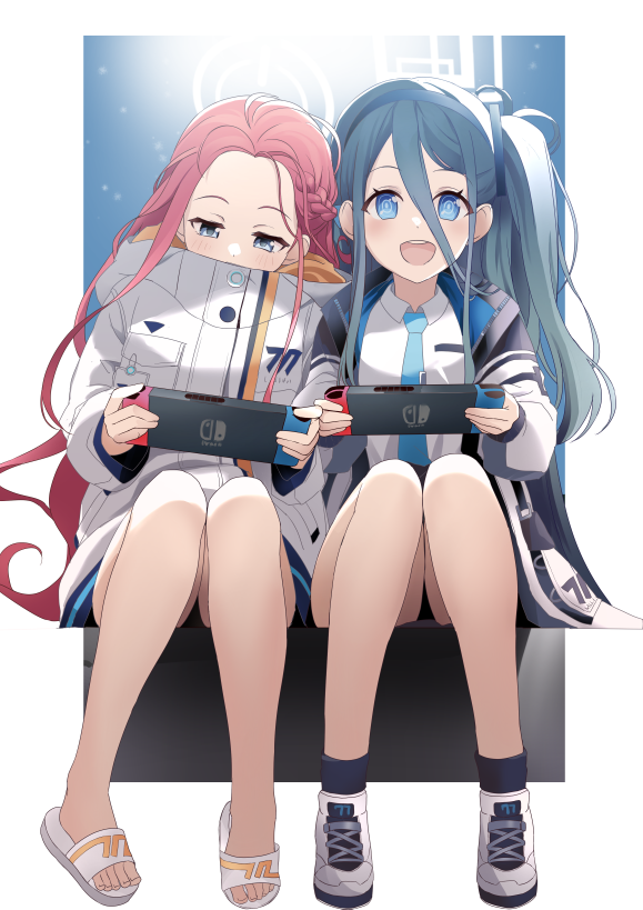 2girls :d aris_(blue_archive) barefoot_sandals black_hairband black_socks blue_archive blue_eyes blue_necktie gesugesu_ahoaho hair_between_eyes hairband halo handheld_game_console holding holding_handheld_game_console jacket legs long_hair long_sleeves looking_at_viewer multiple_girls necktie nintendo_switch open_mouth playing_games redhead round_teeth sandals shirt shoes side_ponytail sitting smile sneakers socks teeth toes upper_teeth white_footwear white_jacket white_shirt yuzu_(blue_archive)