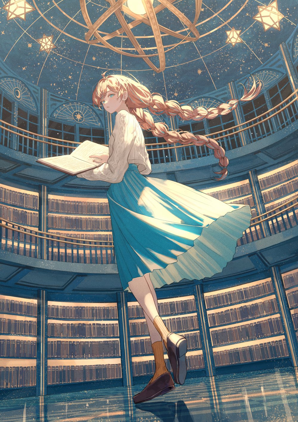 1girl armillary_sphere balcony bangs blonde_hair blue_eyes blue_skirt book bookshelf braid bright_pupils brown_footwear checkered_floor dome from_side full_body highres holding holding_book loafers long_hair looking_at_viewer looking_to_the_side night open_book orange_socks original parted_lips pleated_skirt shoes skirt socks solo standing stellated_octahedron sweater twin_braids ugonba_(howatoro) white_pupils white_sweater window