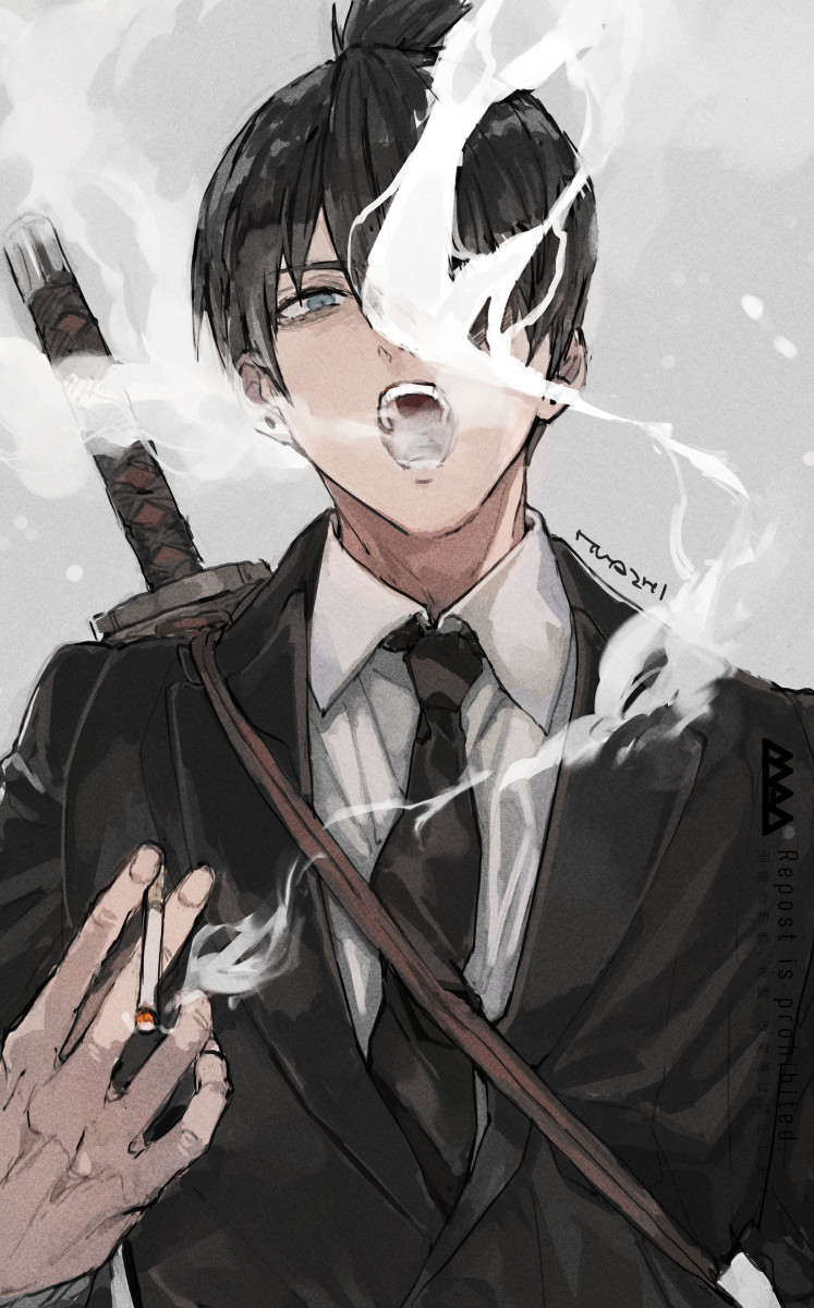 1boy bangs black_hair black_jacket black_necktie blue_eyes chainsaw_man cigarette collared_shirt commentary earrings formal hayakawa_aki highres holding holding_cigarette jacket jewelry looking_at_viewer male_focus mogayama necktie open_mouth shirt short_hair smoke smoking solo straight_hair stud_earrings suit sword sword_on_back teeth topknot upper_body weapon weapon_on_back white_shirt