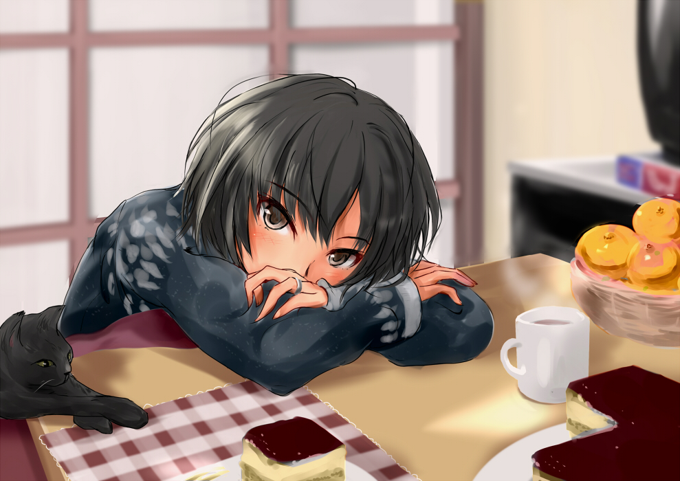 1girl amagami architecture bangs basket black_cat black_hair blue_sweater blurry blurry_background brown_eyes cat coffee coffee_mug commentary crossed_arms cup dessert east_asian_architecture food fruit hair_between_eyes hair_strand head_down head_on_arm jewelry kotatsu long_sleeves looking_at_viewer looking_up mandarin_orange messy_hair mug murasaki_iro nanasaki_ai placemat plate puu_(amagami) ring short_hair shouji sliding_doors solo steam sweater table television tiramisu wedding_ring